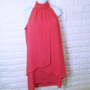 Zara Basic Shift Dress Lady-L Pleated Hi-Neck Halter Chiffon Layers Salmon Pink